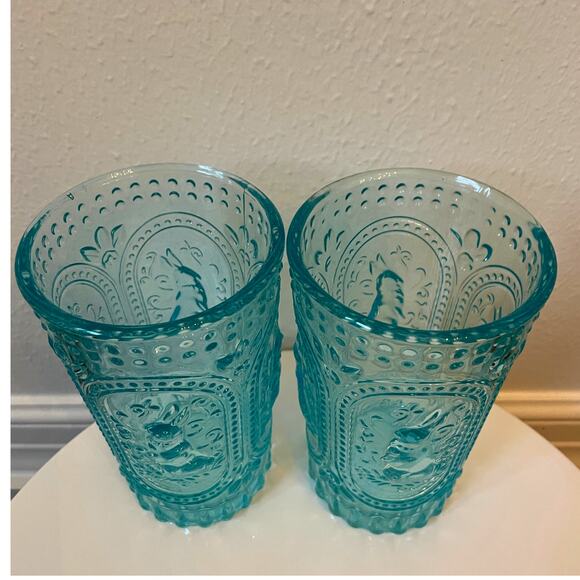 Easter Bunny Embossed Hobnail Victorian Heavy Drinking Glasses Set 4 Blue New - Picture 4 of 16